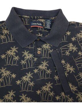 Vintage Ocean Pacific Mens Polo Shirt L/G Palm Tree Print Navy & Beige